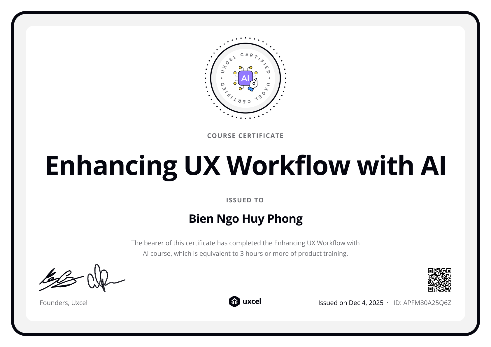 Bien Ngo Huy Phong's certificate